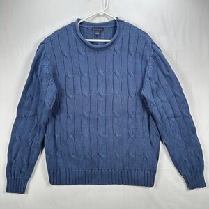 Lands End Roll Neck Sweater Mens Large Blue Cable Knit Cotton Pullover Vintage